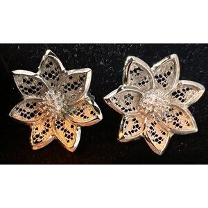 Silver Tone Clip On Earrings Flower Shape Filigree